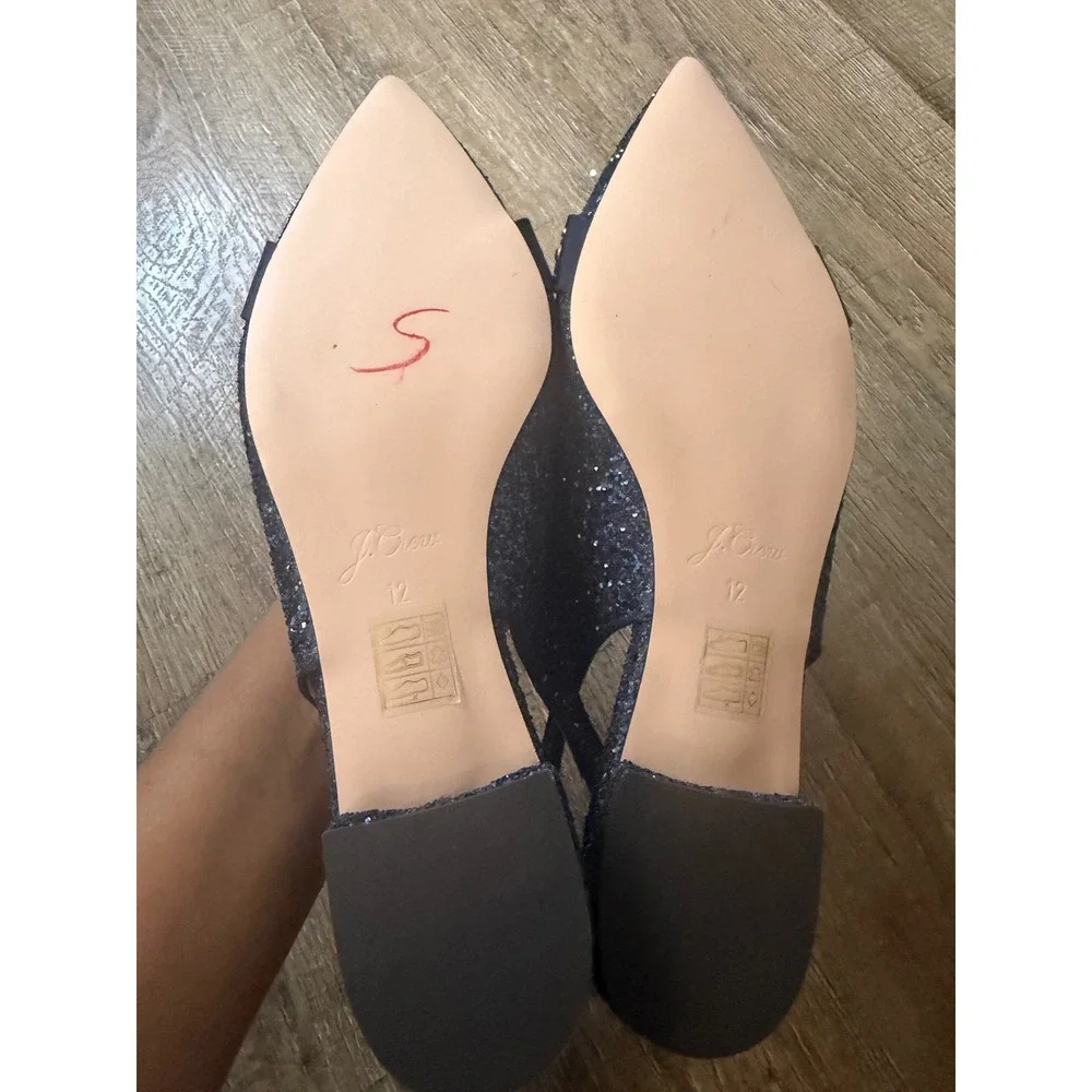 J.Crew Navy Blue Glitter Slingback Flats Studded Bow Pointed Toe Size 12